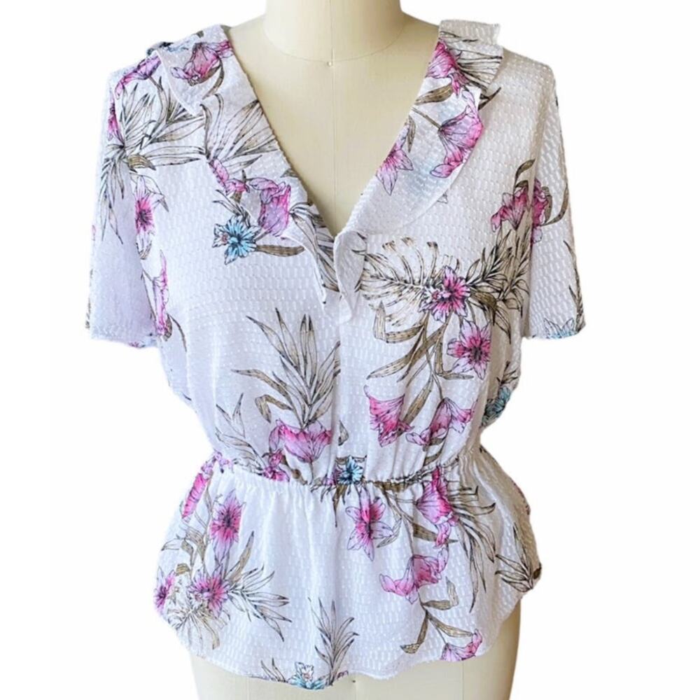 WHBM Sunset Bouquet Purple & White Floral Lined Ruffle Neckline Blouse ~ MEDIUM